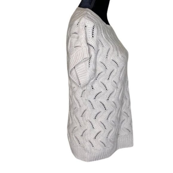 Croft & Barrow Beige Crochet Sweater Womens Size M Crew Neck Short Sleeve Ribbed - Picture 6 of 10